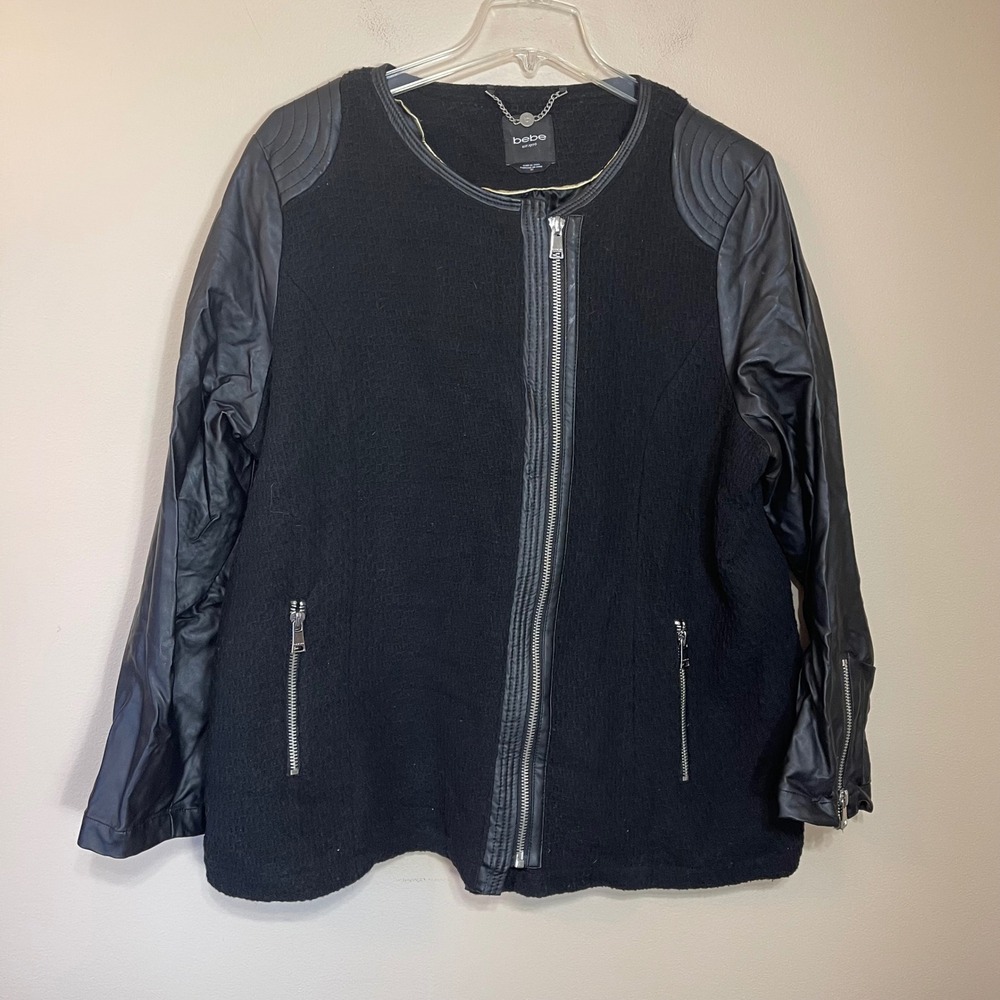 Bebe Womens 3X Black Mixed Media Moto Jacket Faux Leather‎ Sleeve Zip